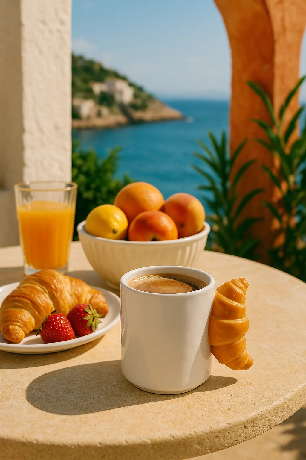 Taza con asa en forma de croissant en un desayuno frente al mar